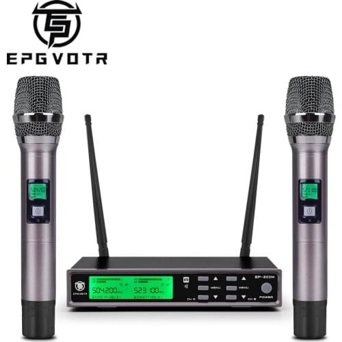 EPGVOTR EP-200M UHF Wireless Microphone System with ECHO Effect Treble Bass 200 Channels 100 Meters Full Metal Dual Handheld Mic