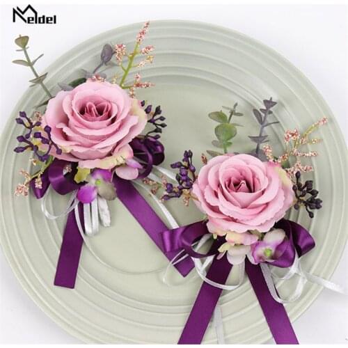 Meldel Groomsmen Boutonnieres Bride Wrist Corsage Groom Boutonniere Artificial Rose Fake Pearl Crystal Wedding Planner Flower