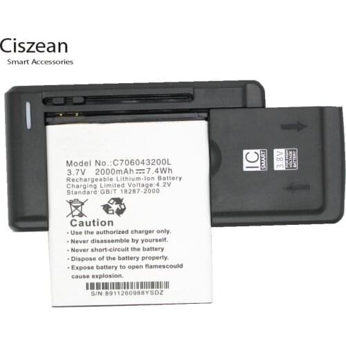 Ciszean 1x 3.7V 2000mAh Replacement Battery+Universal charger C706043200L For BLU Studio 5.0 C HD L120 D534 D670U D670 batteries