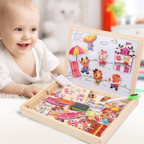 Children Wooden Puzzles Animal Traffic Forest Tangram Toys Multifunctional Magnetic Drawing Board Baby Puzzle Educational Gift