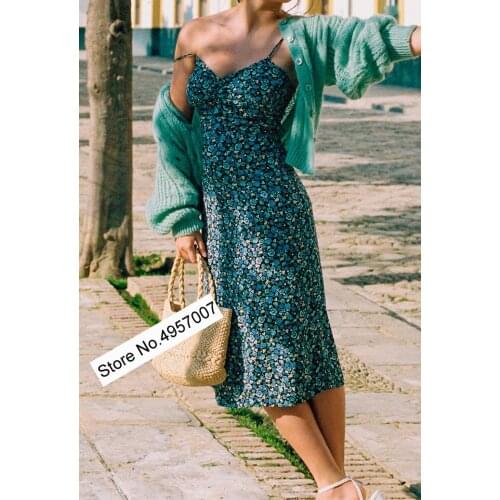 Elfbop Ladies Floral Printed Spaghetti Strap Sleeveless Midi Dress