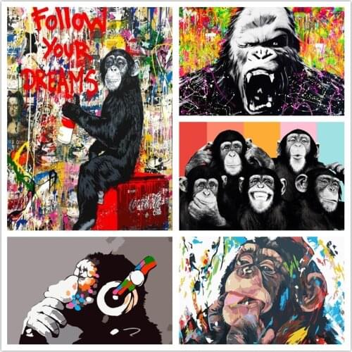 Graffiti Colorful Cute Monkey Oil Painting on Canvas Posters and Prints Scandinavian Cuadros Wall Art Picture for Living Room