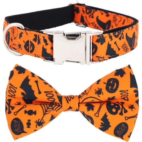 Halloween Dog Collar Bow Tie with ghost, jack o lantern, candy corn, spider for halloween holidays
