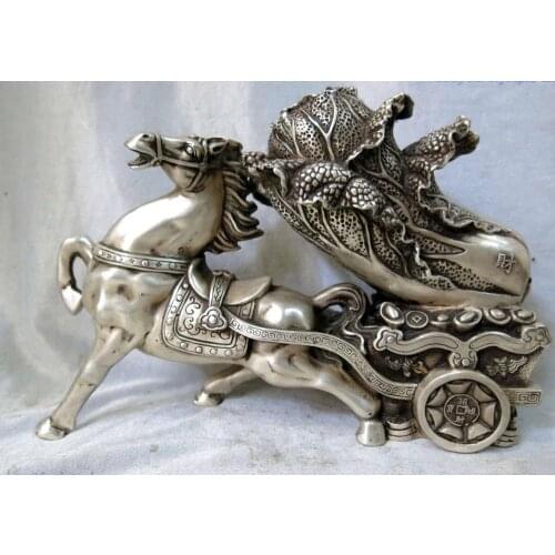 9" China Silver fine workmanship carved money horse Chinese cabbage Statue