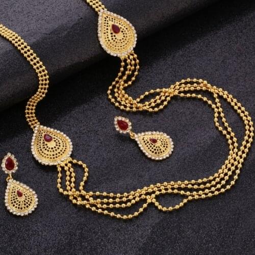 Hesiod African Wedding Jewelry Sets Gold Color Turkish Waterdrop Multi-layer Chain Necklaces & Pendants Trendy Earring For Women