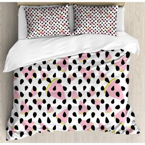 Fruit Duvet Cover Set Pattern of Watermelon Slices and Seeds 3 Piece Bedding Set Pale Pink Yellow Green Pale Yellow and Charcoal