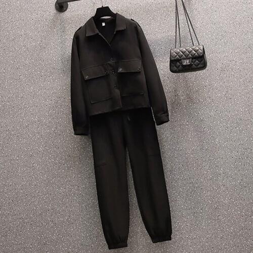 Large size 4xl fashion set 2021spring autumn new black overalls two-piece Korean style wild loose western Casual sets women s98