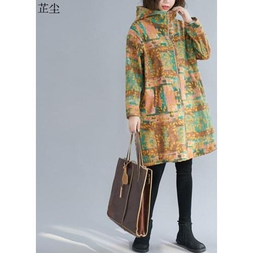Plus Size Autumn Winter Cotton Linen Jackets Women Coats Parka Warm Vintage Art Ethnic Print Zipper Parkas Hooded Fleece Jackets