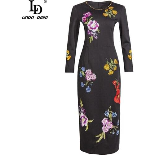 LD LINDA DELLA New 2021 Fashion Runway Autumn Vintage Party Dress Womens Beading Long sleeve Flowers Embroidery Slim Midi Dress