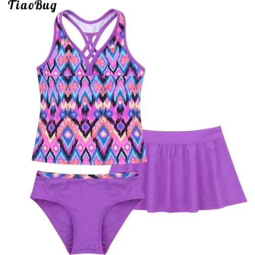 TiaoBug Summer 3Pcs Kids Girls Bikini Swimsuit V Neck Sleeveless Spaghetti Straps CrissCross At Rear Top With Briefs And Skirt
