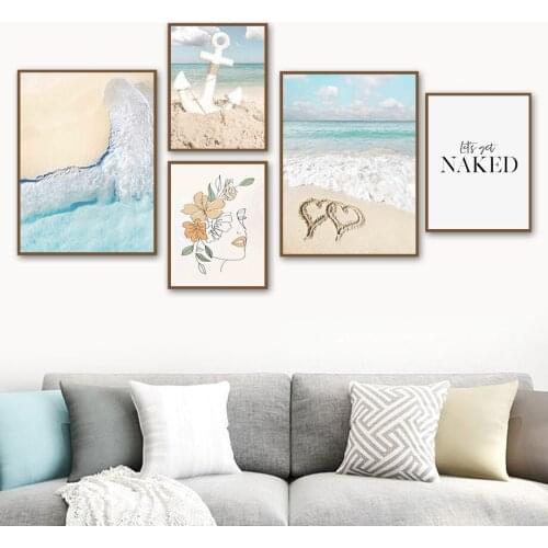 Sea Wave Sand Coconut Tree Line Girl Face Wall Art Canvas Painting Nordic Posters And Prints Wall Pictures For Living Room Decor