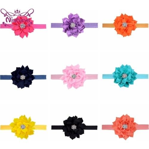 Nishine Newborn Infant Solid Color Sharp Angle Lotus Headband with Rhinestone Elastic Toddler Hair Bands Clothing Ornaments