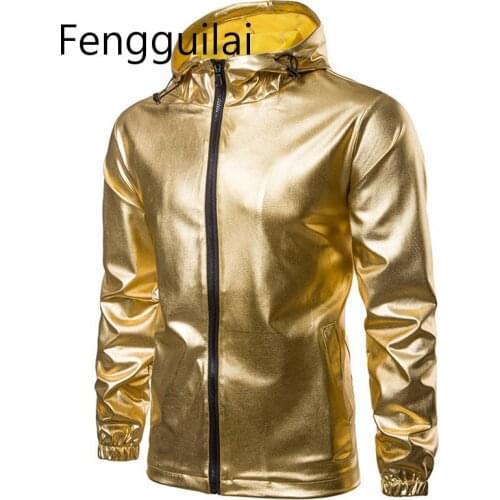 2020 New Spring Fashion Golden Jackets Men Performance Dancer Hoody Ovetcoats Streetwear Hip Hop Shiny Hooded Jacket Coats 2XL