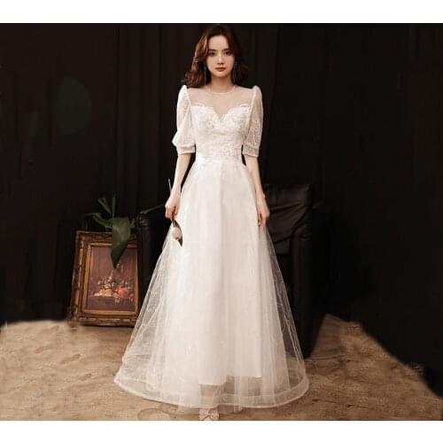 Elegant O-Neck Evening Dress Empire Half Sleeves Embroidery Ruched Ankle-Length A-Line White New Woman Formal Party Gowns A659