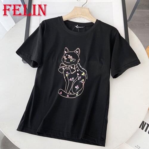 FELIN Za Casual Girls Tshirts Carton Cat Summer Fashion 2021 Short Sleeve Sweet T-Shirts Women Chic Mujer Tops