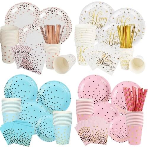 Pink Blue Rose Gold Polka Dot Stamping Party Tableware Paper Plate Cup Birthday Party Decoration Kids Adult Wedding Decorations