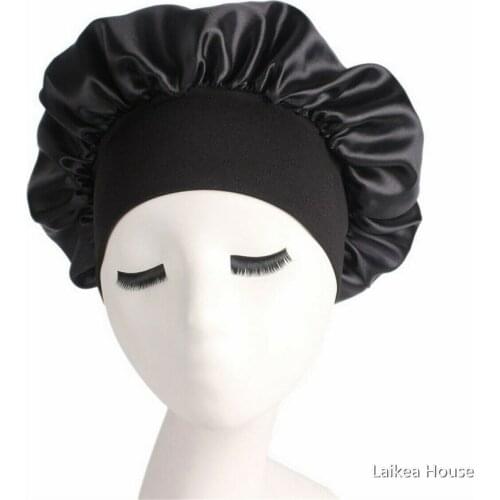 Silk Satin Night Sleep Cap Hair Bonnet Hat Head Cover Wide Band Adjust Elastic Hats For Household Fashionable Pure Supplies