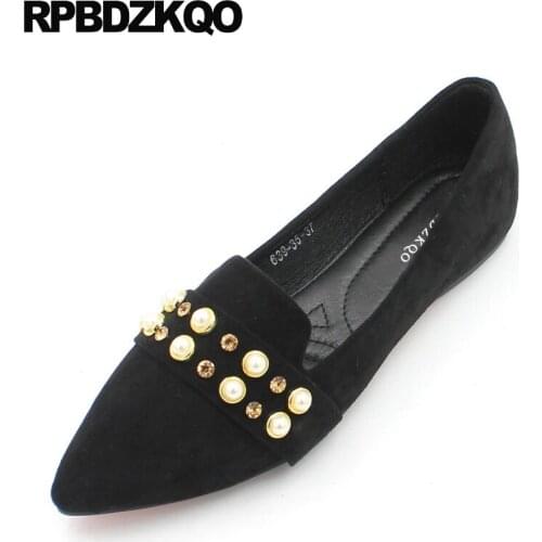 Chic diamond soft ballet flats women large size rhinestone loafers pointed toe black crystal shoes high quality pearl ballerina