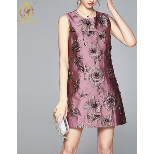SMTHMA 2021 New Fashion Autumn O-Neck Luxury Beaded Jacquard Dresses Womens Sleeveless Purple Flowers Dress Vestidos