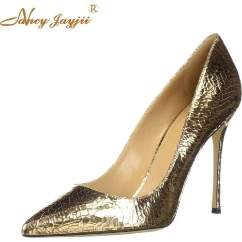 Female Shoes Woman Pupms Paten Leather Silver Golden Solid High Square heels Round Toe Slip-On Sewing Basic Fashion Leisure 2021