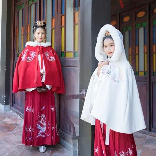 Wear thickened plush short Cape woolen coat daily Chinese dress female Han element Ancient Style Embroidered Cloak
