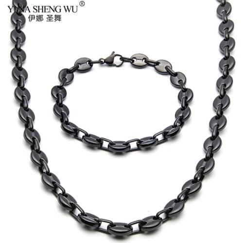 Hip Hop Black Suit Rock Bracelet Necklace Set Titanium Steel Curb Cuban Chain Style Rapper Necklace For Mens Hip Hop Jewelry