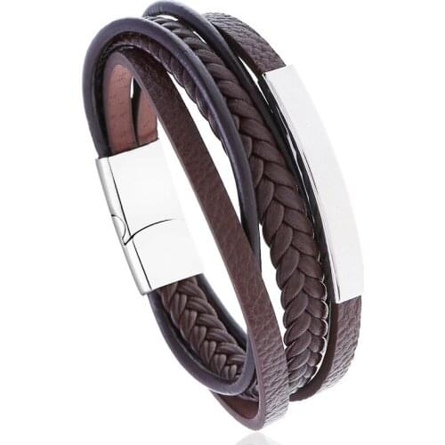 Explosive Style Stainless Steel Leather Bracelet Simple Multi-layer Cowhide Retro Woven Titanium Steel Bracelet Bracelet