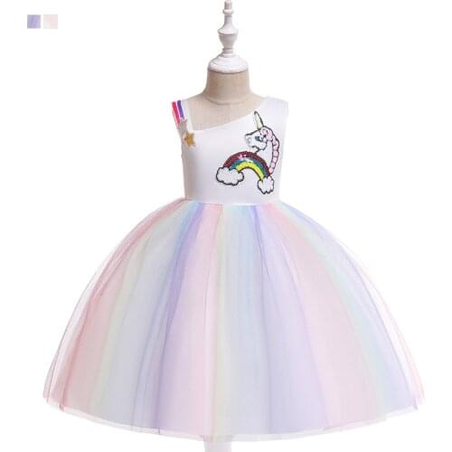 Unicorn Rainbow Princess Skirt Slanted Shoulder Sling Mesh Dress Skirt Childrens Cartoon Performance Costume