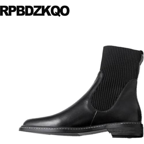 Ankle Designer Round Toe Fur Block 2021 Brand Women Winter Boots Genuine Leather Black Slip On Knit Chunky Fall Shoes Low Heel