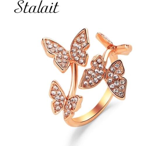 Four Butterfly Rings For Women Minimalist Full Of Rhinestones Index Finger Open Ring Gold Rose Micro Pave Jewelry