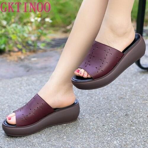 GKTINOO 2021 Slippers Woman Cut-Outs Genuine Leather Summer Shoes Fashion Wedges Heels Sandals Womens Slides Platform