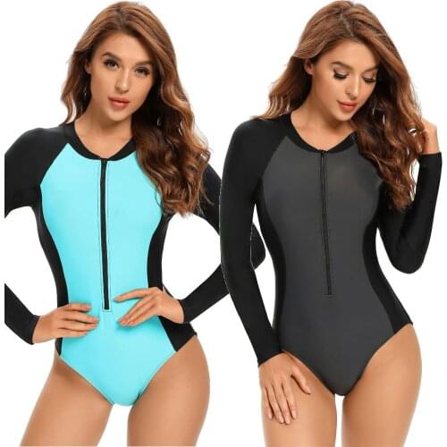 Surfing Women Contrast Color One Piece Swimwear Female High O-Neck Bodysuit Zip Monokini Plus Size XXL 2021 Long Sleeve Swimsuit