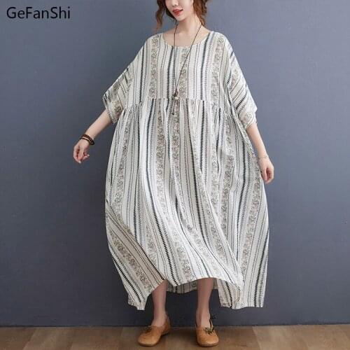 Fashion 2021 New Summer Women Dress Vintage Print Cotton Dress Casual Loose Half Sleeve O-Neck Elegant Office Lady Dresses