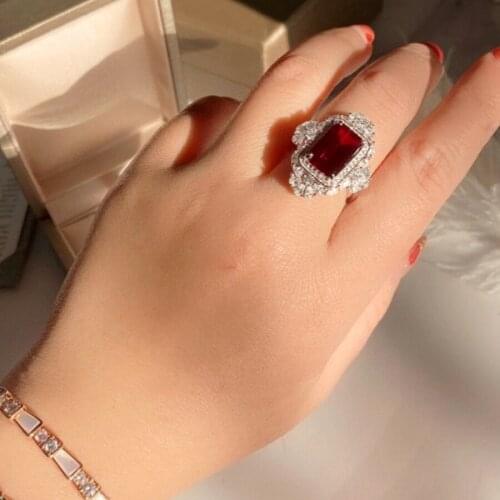 UMQ 2021 New Womens Ring with Stones Square Ruby Ring S925 Sterling Silver Ring for Women Aesthetic Vintage Rings