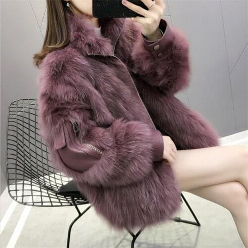 2019 new stand collar ladies fox fur coat large size fashion short leather fur female coat 873