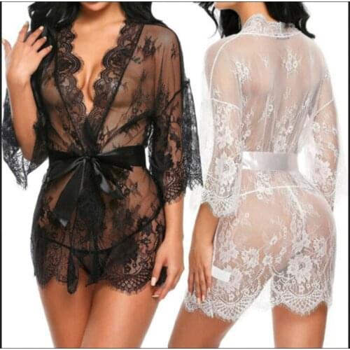 Women Sexy Lingerie Lace Night Dress Sleepwear Nightgown Lady Sheer Mesh Exotic Apparel Underwear Black White Red Plus Size 2XL