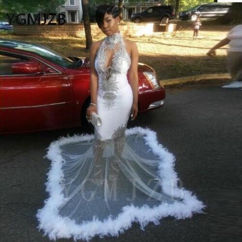 Sexy See Thru Evening Dresses 2020 Mermaid High Collar Lace Feather African Women Formal Prom Gowns Party Dress Robe De Soiree