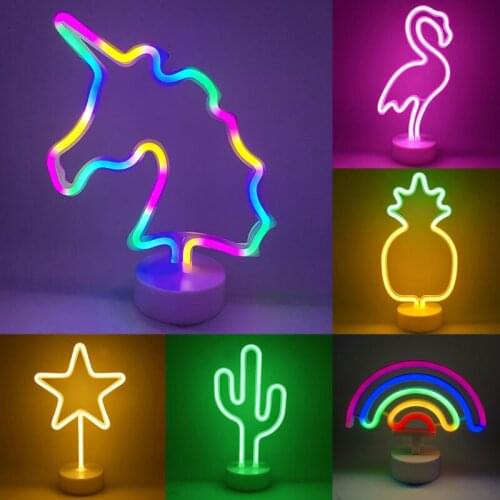 1pc LED Neon Sign Light Flamingo Unicorn Cactus Home Kids Room Bedroom Decoration Night Lamp Summer Hawiian Party Holiday Decor