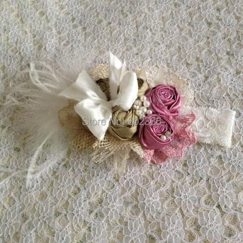 Free Shipping Dupioni Silk Roll Flower Golden Pink Headband Kids Hair Accessories