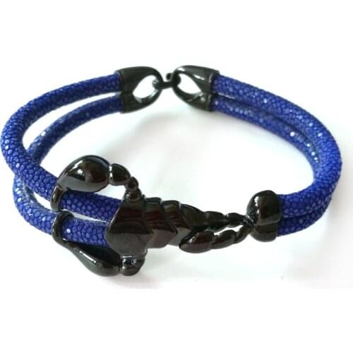 Beichong Genuine Thailand 5mm Blue Stingray Leather Bangle High Polished Black Stainless Steel Scorpion Bracelet Fit Men Watch