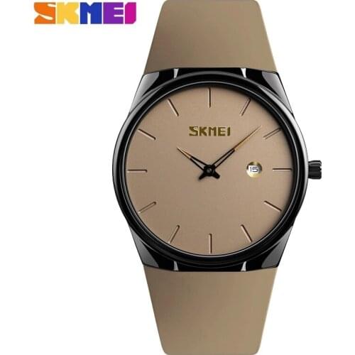 SKMEI Casual Simple Quartz Watch Men PU Band Fashion Ultra Thin Watches Calendar Display Analog Wrist Watch Relogio Masculino