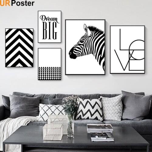 Black and White Poster Wall Art Zebra Love Big Dream Triangle Geometric Canvas Painting Wall Pictures Decoration Home Kitchen
