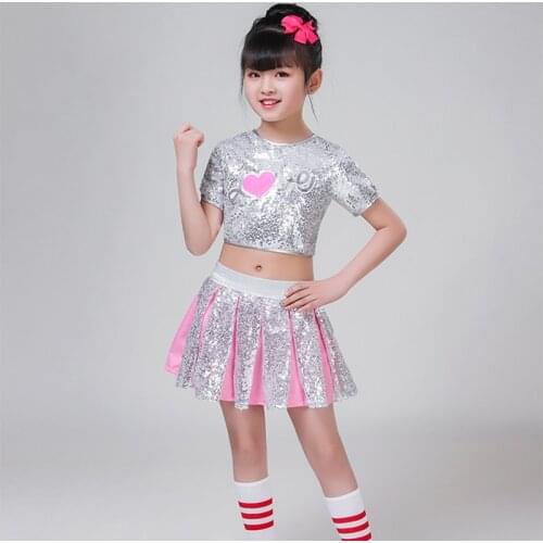 Children Jazz Dance Clothes Cheerleading Stage Performing Costumes Shiny Sequins Top With Skirt Striped Socks Dance Wear Set