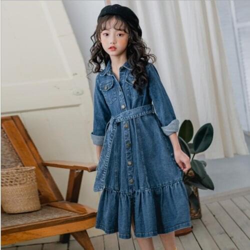 Autumn Girls Dress Teenage Girls Blue Pocket Belt Denim Long Sleeve Causal Dresses Children Dress Kids Clothing 10 12 14 16Year