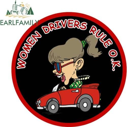 EARLFAMILY 13cm x 13cm Women Drivers Rule Ok Cartoon Chraracter Decal Vinyl Label Car Sticker Graphic