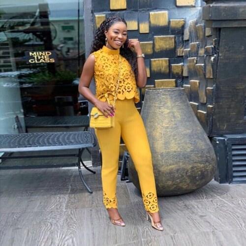 HIJABUSS Temperament Is Thin Sleeveless Hollow Top Pants Solid Color Two-piece Suit African Comfortable Womens Clothing