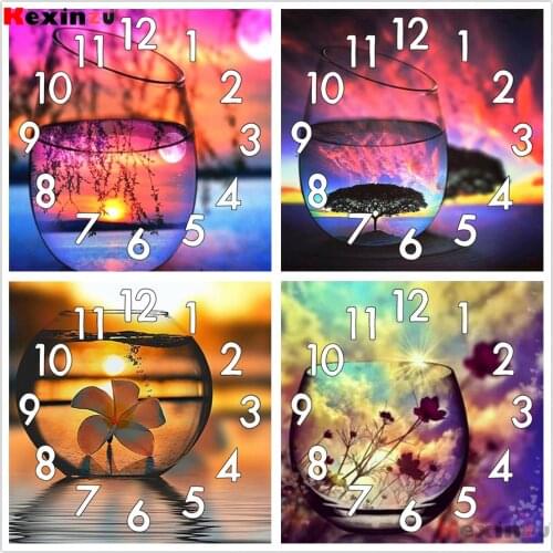 Kexinzu Full Diamond Painting kit Cross Stitch With Clock Mechanism Mosaic 5D Diy Square Round Water Cup Pot 3d Embroidery Gift
