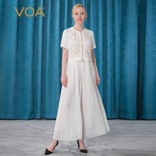 VOA 100% Mulberry Silk Milk White O-Neck Bright Line Decoration Lady Single-breasted Organ Pleat Loose Breathable Jumpsuit KE195