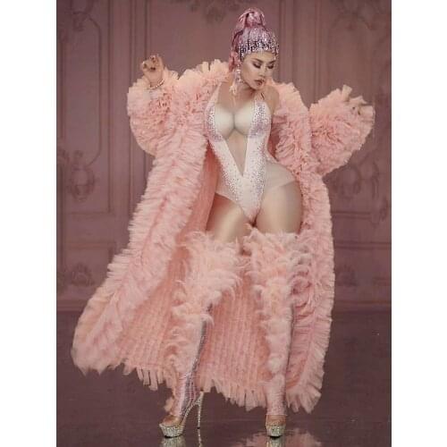 Pink Feather Women Singer Costume Rhinestone Bodysuit Fluffy Coat Birthday Party Club Rave Nightclub Drag Queen Stage Outfit