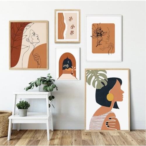 Fashion Girl Line Plant Abstract Wall Art Canvas Painting Nordic Vintage Posters And Prints Wall Pictures For Living Room Decor